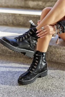 Damskie buty S.Barski Botki Sznurowane|Czarne Botki*Ocieplane Workery Z Łańcuchami Czarne Linus