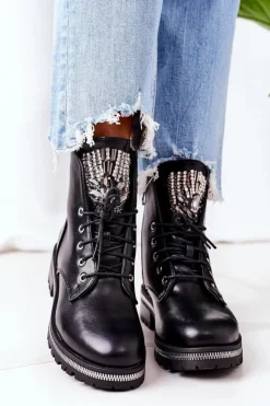 Boto Botki Sznurowane|Czarne Botki*Ocieplane Workery Z Cyrkoniami Czarne Attention
