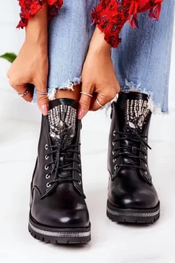 Boto Botki Sznurowane|Czarne Botki*Ocieplane Workery Z Cyrkoniami Czarne Attention