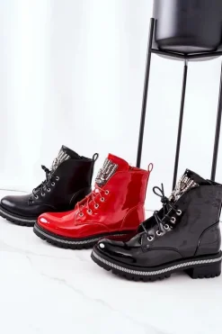 Boto Botki Sznurowane|Czarne Botki*Ocieplane Workery Z Cyrkoniami Czarne Attention