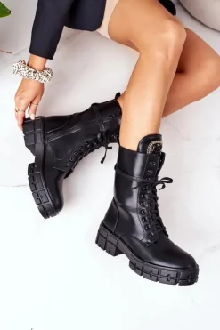 Boto Botki Sznurowane|Czarne Botki*Ocieplane Workery Z Kamieniami Czarne Hadley