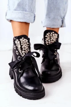 Boto Botki Sznurowane|Czarne Botki*Ocieplane Workery Z Metalowymi Perełkami Czarne Perla