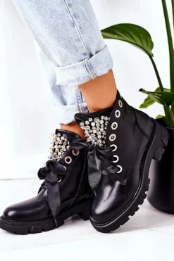 Boto Botki Sznurowane|Czarne Botki*Ocieplane Workery Z Metalowymi Perełkami Czarne Perla