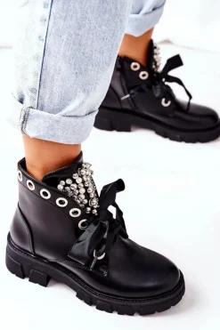 Boto Botki Sznurowane|Czarne Botki*Ocieplane Workery Z Metalowymi Perełkami Czarne Perla