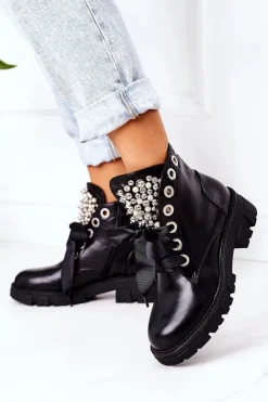 Boto Botki Sznurowane|Czarne Botki*Ocieplane Workery Z Metalowymi Perełkami Czarne Perla