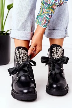 Boto Botki Sznurowane|Czarne Botki*Ocieplane Workery Z Metalowymi Perełkami Czarne Perla