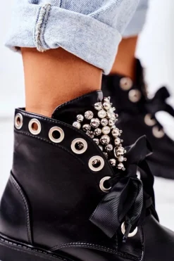 Boto Botki Sznurowane|Czarne Botki*Ocieplane Workery Z Metalowymi Perełkami Czarne Perla