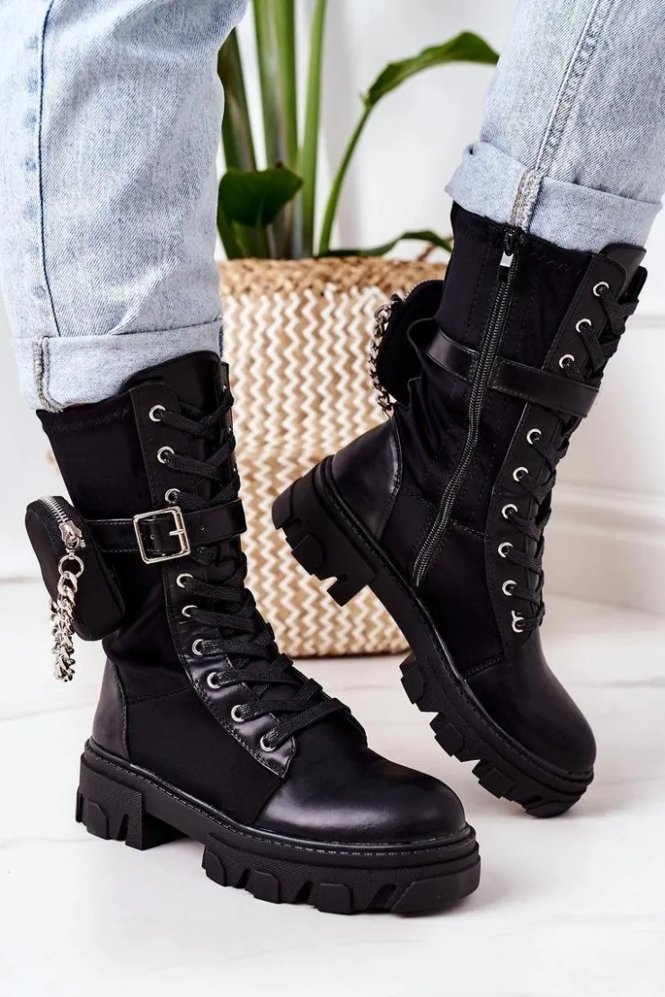 Boto Botki Sznurowane|Czarne Botki*Ocieplane Workery Z Nerką Czarne Look At Me
