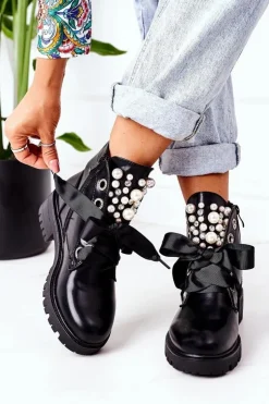 Damskie Boto Ocieplane Workery Z Perełkami Czarne Perla