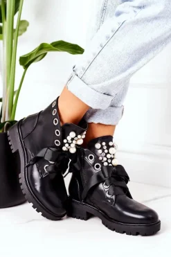 Damskie Boto Ocieplane Workery Z Perełkami Czarne Perla