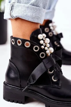 Damskie Boto Ocieplane Workery Z Perełkami Czarne Perla