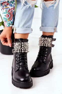 Boto Botki Sznurowane|Czarne Botki*Ocieplane Workery Z Perełkami Czarne Now Or Never
