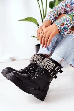 Boto Botki Sznurowane|Czarne Botki*Ocieplane Workery Z Perełkami Czarne Now Or Never