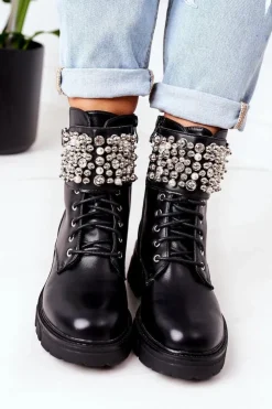 Boto Botki Sznurowane|Czarne Botki*Ocieplane Workery Z Perełkami Czarne Now Or Never