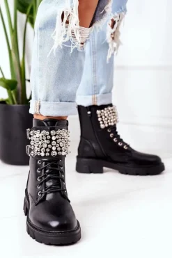 Boto Botki Sznurowane|Czarne Botki*Ocieplane Workery Z Perełkami Czarne Now Or Never