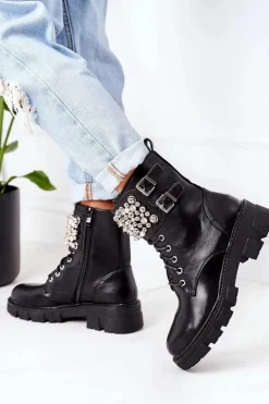 Boto Botki Sznurowane|Czarne Botki*Ocieplane Workery Z Perełkami Czarne Now Or Never