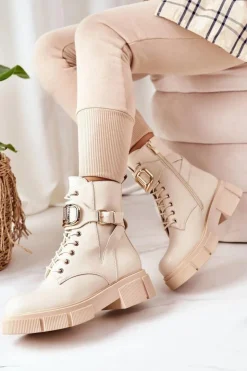 Outlet Boto Ocieplane Workery Ze Złotą Klamrą Beżowe Maybelle