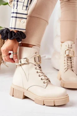 Outlet Boto Ocieplane Workery Ze Złotą Klamrą Beżowe Maybelle