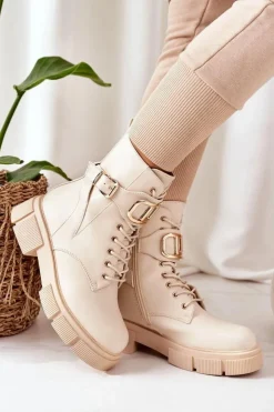 Outlet Boto Ocieplane Workery Ze Złotą Klamrą Beżowe Maybelle