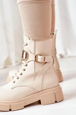 Outlet Boto Ocieplane Workery Ze Złotą Klamrą Beżowe Maybelle