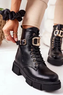 Boto Botki Sznurowane|Czarne Botki*Ocieplane Workery Ze Złotą Klamrą Czarne Maybelle
