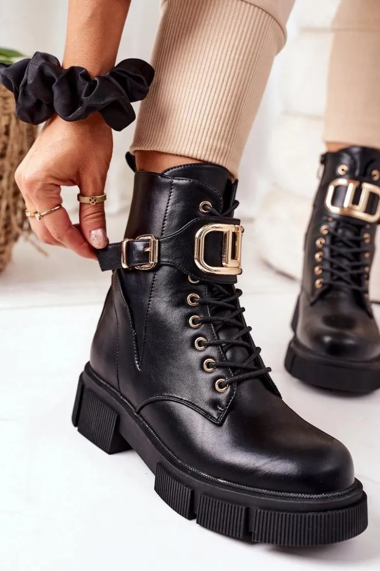 Boto Botki Sznurowane|Czarne Botki*Ocieplane Workery Ze Złotą Klamrą Czarne Maybelle
