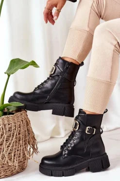 Boto Botki Sznurowane|Czarne Botki*Ocieplane Workery Ze Złotą Klamrą Czarne Maybelle