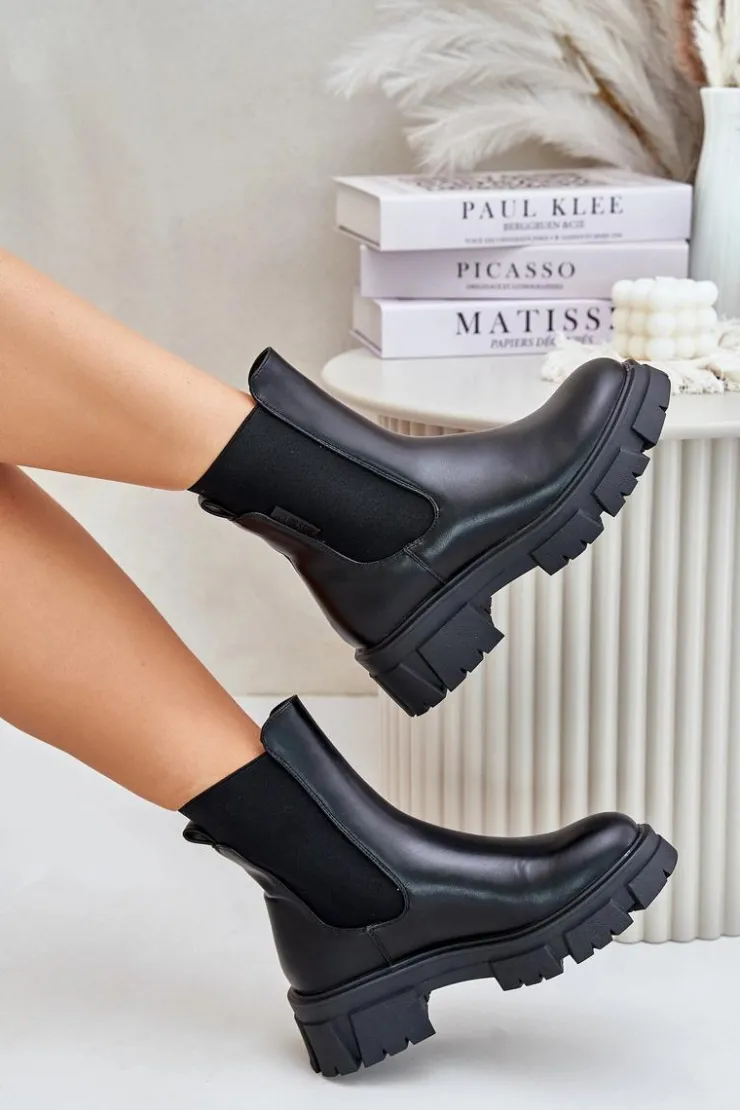 New Big Star Shoes Ocieplane Wsuwane Botki Sztyblety Z Eko Skóry Big Star MM274071 Czarne