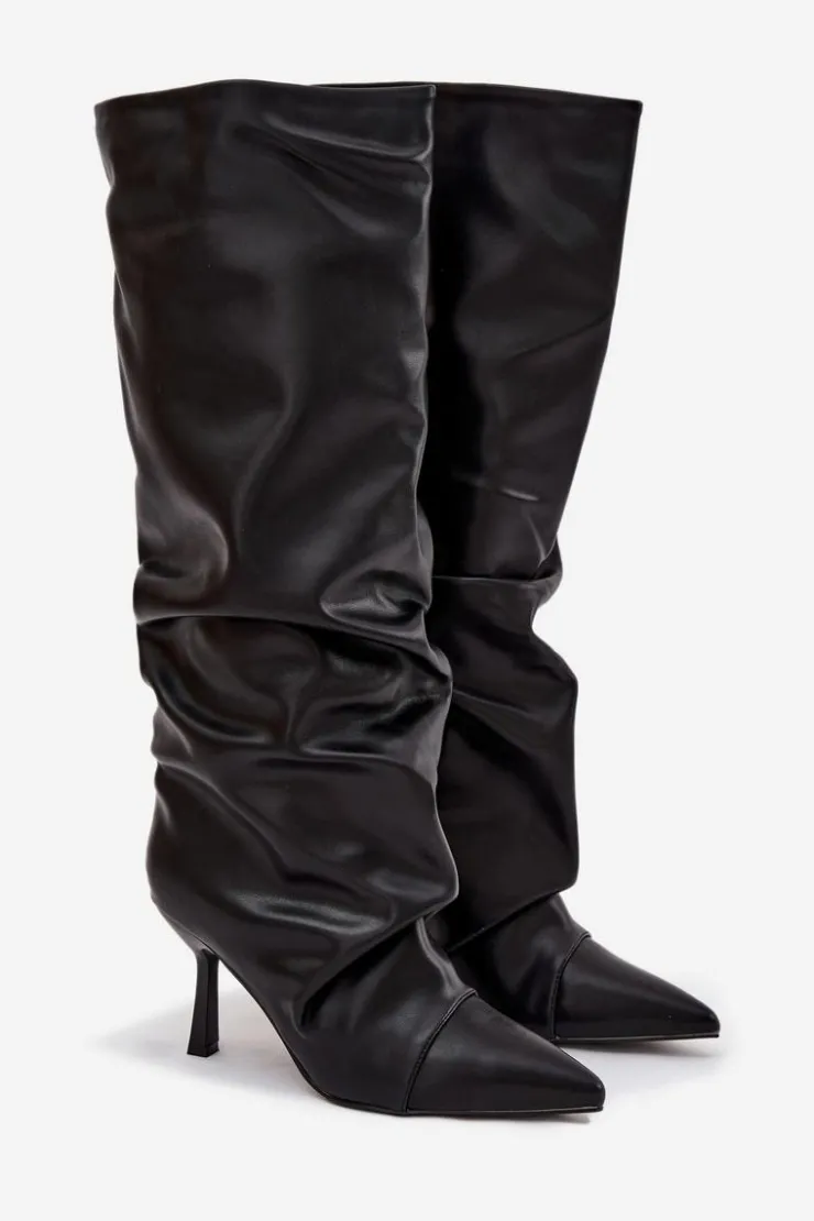 Sale Boto Ocieplane Wsuwane Kozaki Damskie Na Szpilce Z Marszczeniem Czarne Angelica