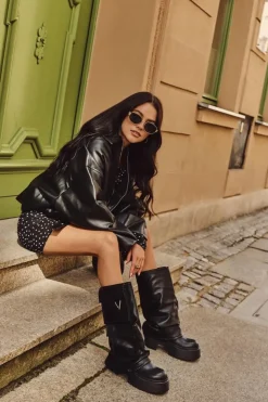 Damskie Boto Ocieplane Wsuwane Kozaki Damskie Na Masywnej Platformie Z Kieszeniami Czarne Clarinda