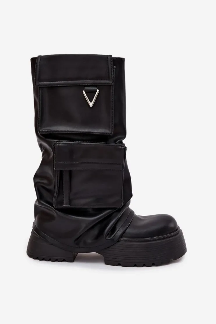 Damskie Boto Ocieplane Wsuwane Kozaki Damskie Na Masywnej Platformie Z Kieszeniami Czarne Clarinda