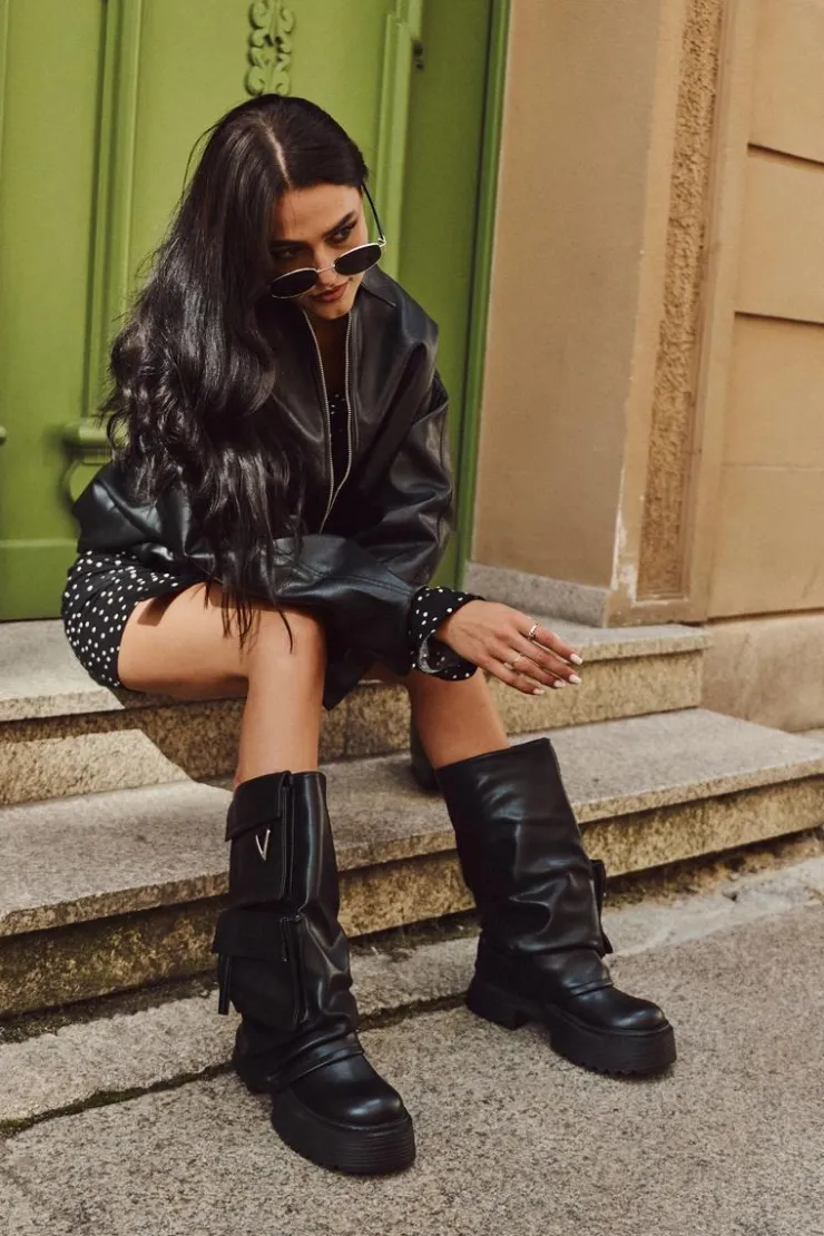 Damskie Boto Ocieplane Wsuwane Kozaki Damskie Na Masywnej Platformie Z Kieszeniami Czarne Clarinda