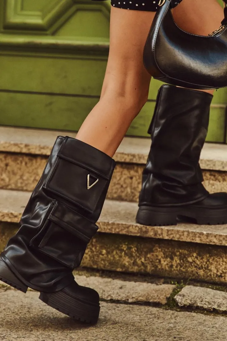 Damskie Boto Ocieplane Wsuwane Kozaki Damskie Na Masywnej Platformie Z Kieszeniami Czarne Clarinda