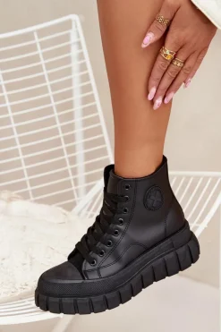 Boto Trampki Ocieplane|Trampki Damskie Wysokie*Ocieplane Wysokie Trampki Damskie Na Platformie Zamek Czarne Sarira Czarny