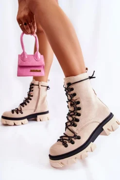 Online Boto Ocieplane Zamszowe Botki Workery Wiązane Beżowe Pierro