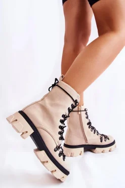 Online Boto Ocieplane Zamszowe Botki Workery Wiązane Beżowe Pierro