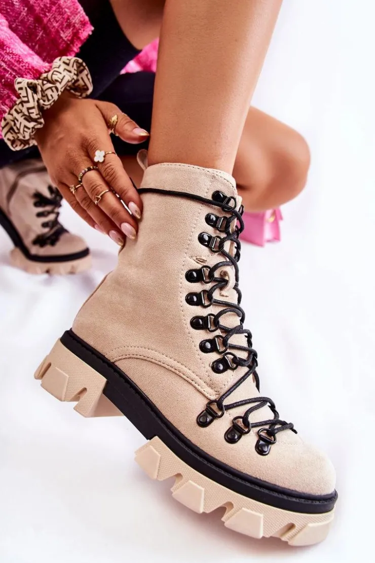 Online Boto Ocieplane Zamszowe Botki Workery Wiązane Beżowe Pierro