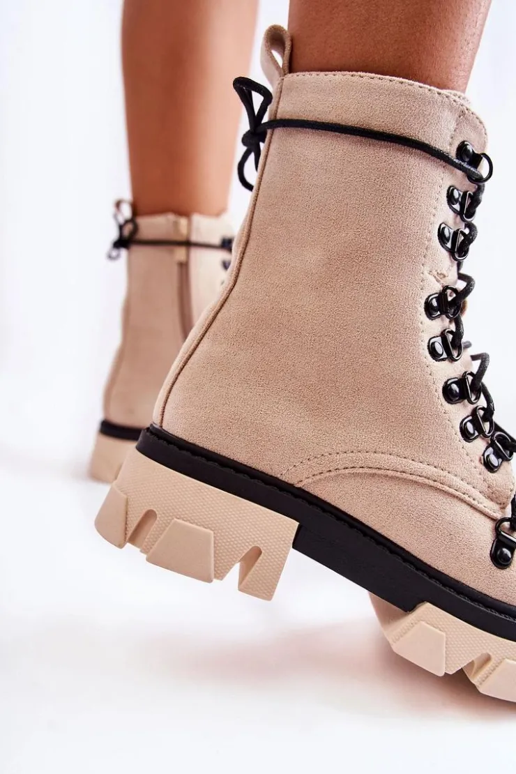 Online Boto Ocieplane Zamszowe Botki Workery Wiązane Beżowe Pierro