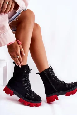 Boto Damskie Trapery|Botki Sznurowane*Ocieplane Zamszowe Botki Workery Wiązane Czarno-Czerwone Pierro