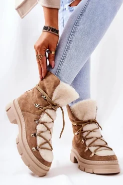 Boto Damskie Trapery|Botki Sznurowane*Ocieplane Zamszowe Botki Trapery Beżowe Mindago