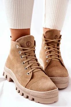 New Boto Ocieplane Zamszowe Botki Trapery Camel Madisson