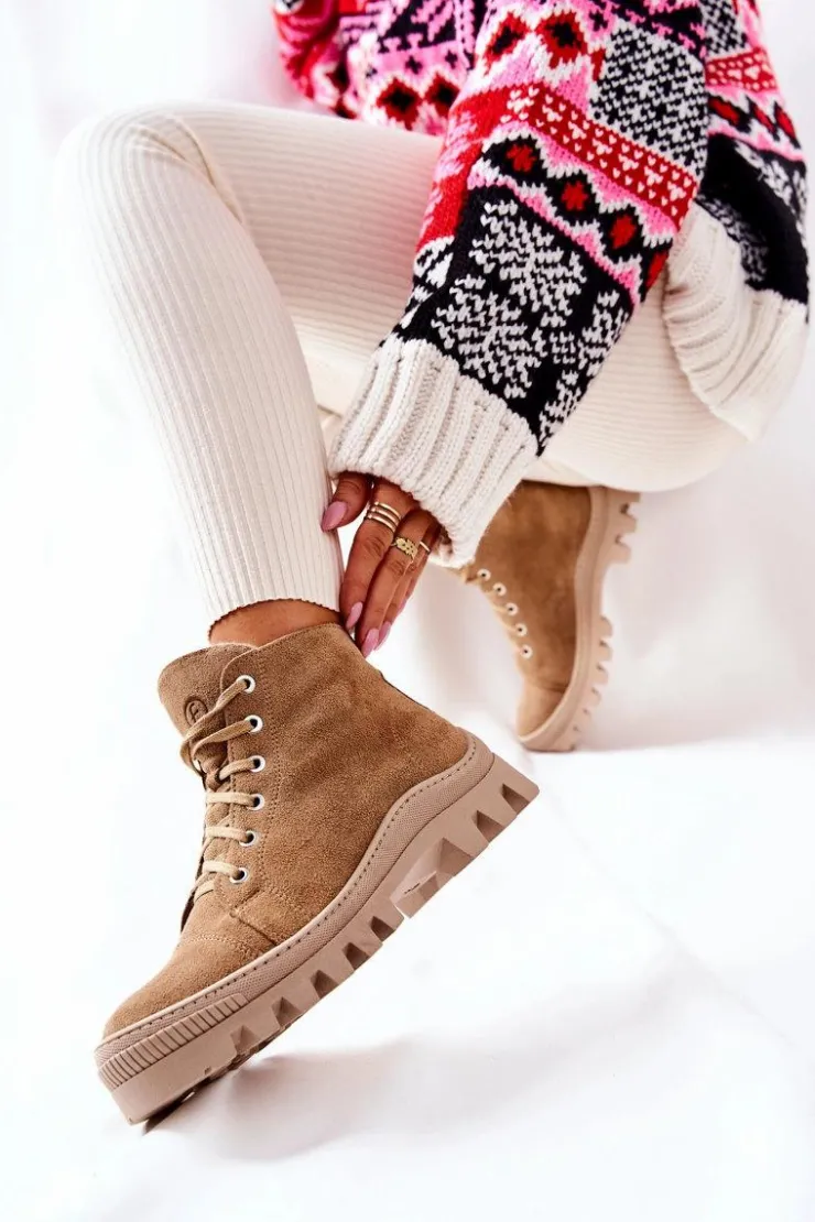 New Boto Ocieplane Zamszowe Botki Trapery Camel Madisson