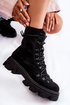 Sale Boto Ocieplane Zamszowe Botki Workery Wiązane Czarne Pierro Czarny