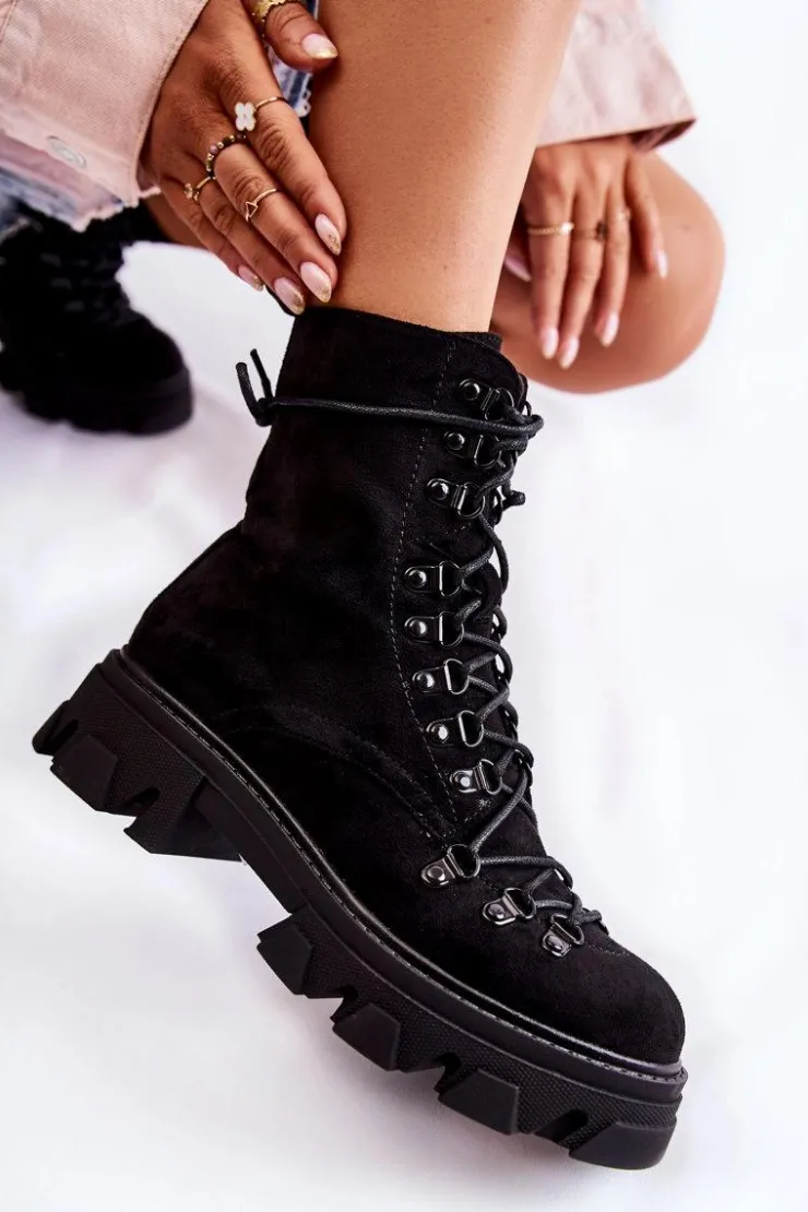 Sale Boto Ocieplane Zamszowe Botki Workery Wiązane Czarne Pierro Czarny