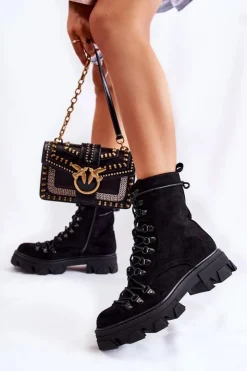 Sale Boto Ocieplane Zamszowe Botki Workery Wiązane Czarne Pierro Czarny