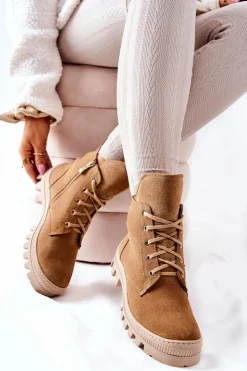 Boto Botki Sznurowane|Botki Zimowe Damskie*Ocieplane Zamszowe Botki Trapery Camel Annabeth