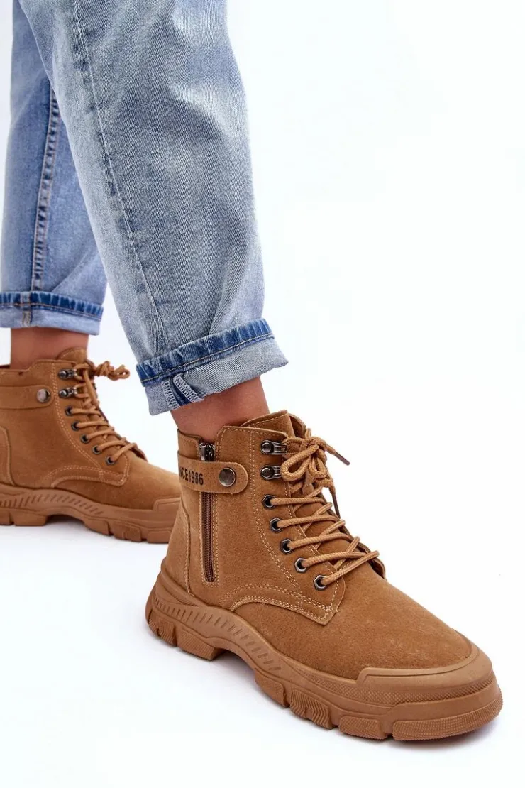 Boto Botki Ocieplane|Damskie Trapery*Ocieplane Zamszowe Damskie Botki Trapery Camel Jailina Brązowy