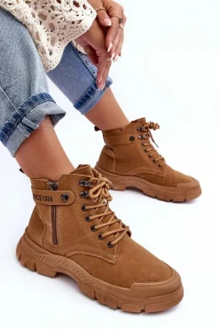 Boto Botki Ocieplane|Damskie Trapery*Ocieplane Zamszowe Damskie Botki Trapery Camel Jailina Brązowy