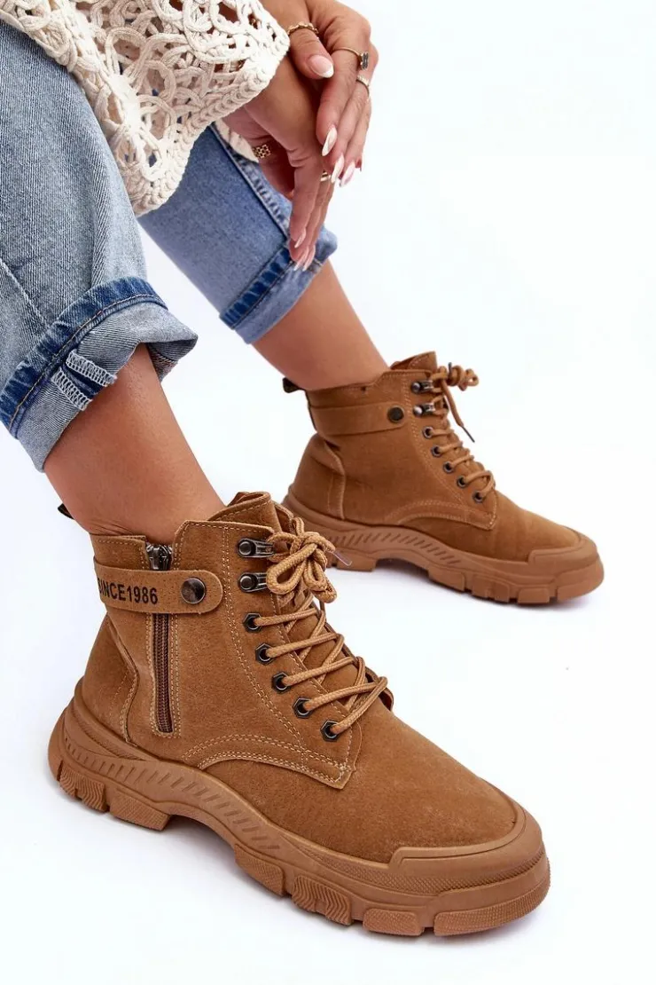 Boto Botki Ocieplane|Damskie Trapery*Ocieplane Zamszowe Damskie Botki Trapery Camel Jailina Brązowy