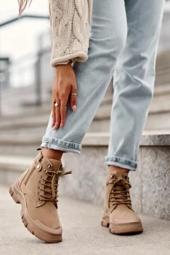 Boto Botki Ocieplane|Damskie Trapery*Ocieplane Zamszowe Damskie Botki Trapery Beżowe Jailina Beżowy